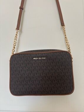 Michael Kors Brown Logo MK Signature Crossbody with Gold Chain